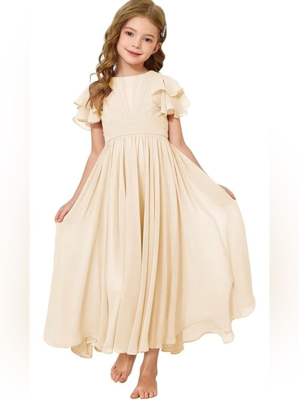Flower Girl Champagne Chiffon Maxi Dress Ruffled Sleeves